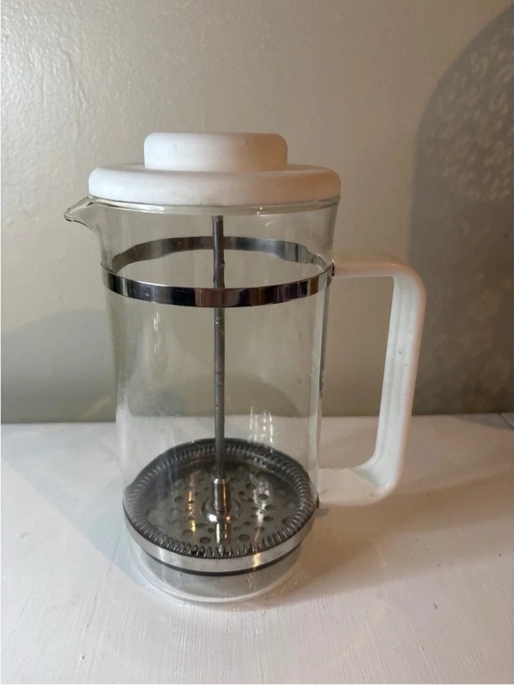 White Glass French Press Coffee Maker with White Handle